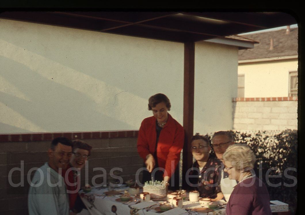 1950s 35mm  Photo slide backyard party lady  cutting cake 