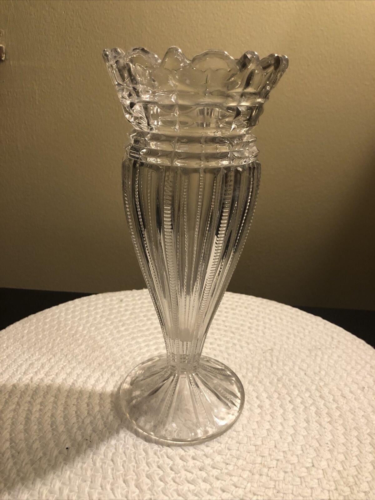 Clear 10 Inch beautiful Victorian Vase . Finely detailed . Made sturdy .