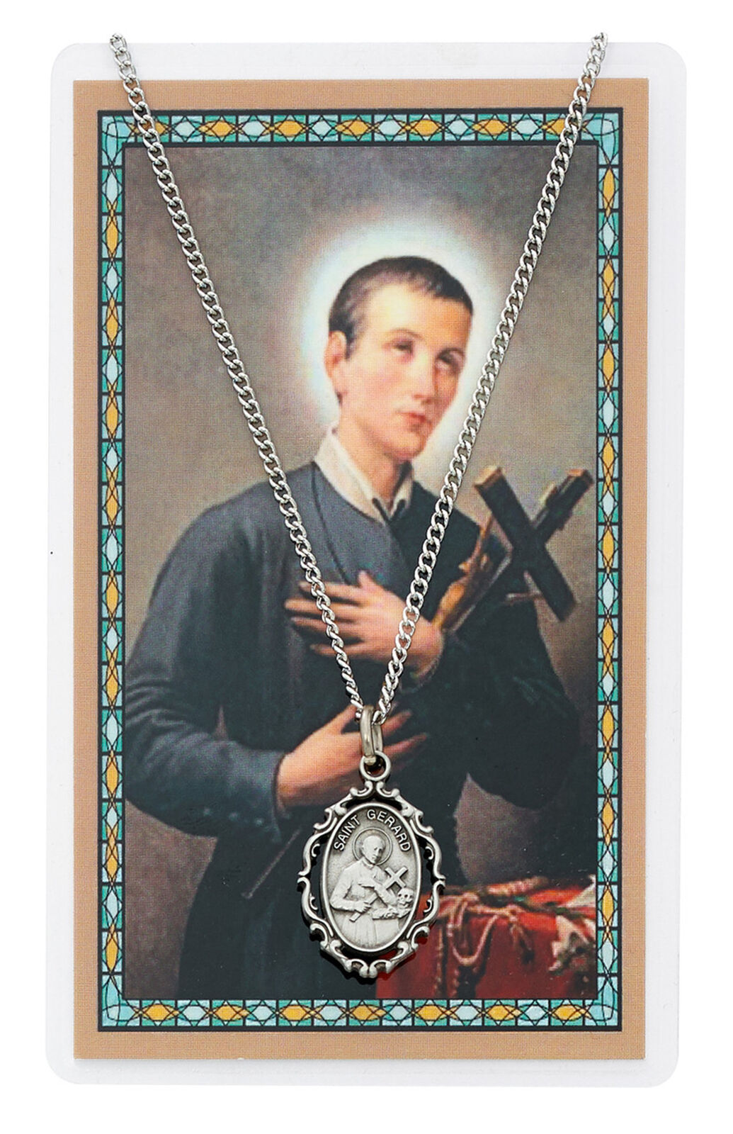 St. Gerard Medal w Decorative Edge Patron of  Infertility Necklace w Prayer Card