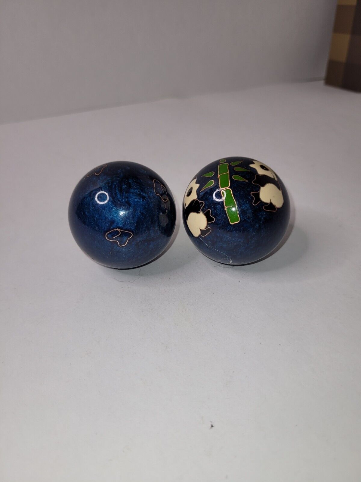 Chinese Boading Balls Blue Cloisonne Pandas And Bamboo