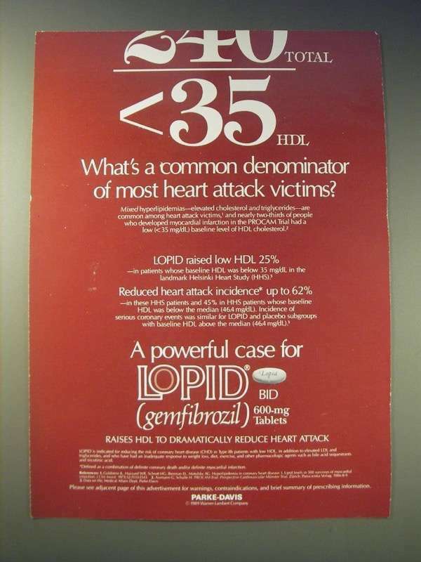 1989 Parke-Davis Lopid Ad - What's a common denominator of most heart attack