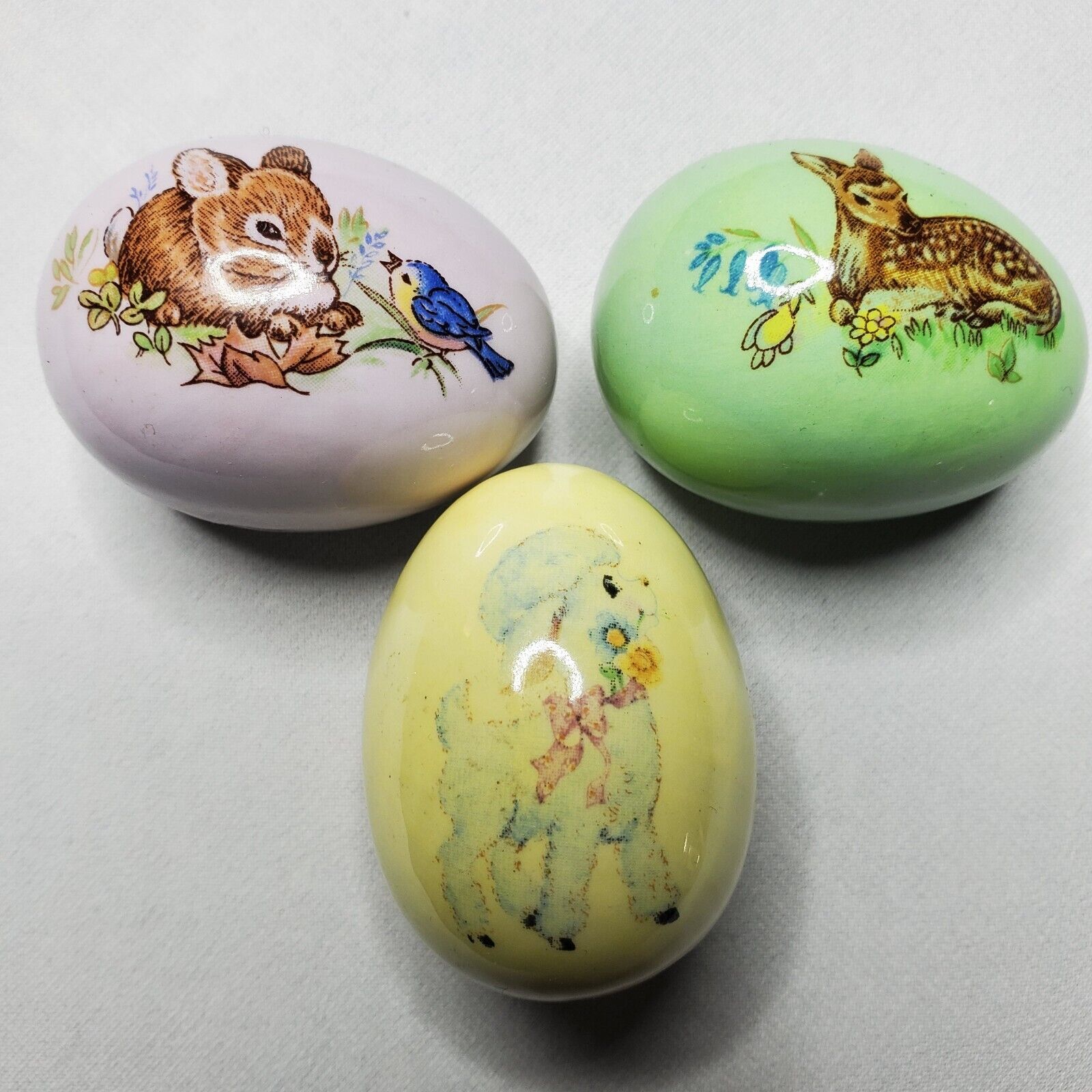 Decorative Ceramic Eggs (3) Spring Decor Vintage Baby Animals Easter Egg Hunt 2\