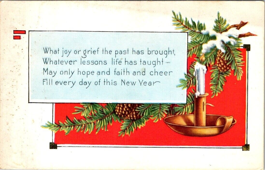 vintage postcard - A HAPPY NEW YEAR poem and candle unposted embossed c1900s