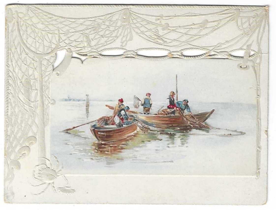 Fleischmann\'s Yeast Trade Card - Die Cut Embossed Row Boats Harbor Crab Rope