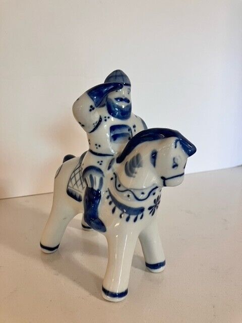 Gzhel Russian Porcelain Folk Figurine Bogatyr Vityaz on Horse