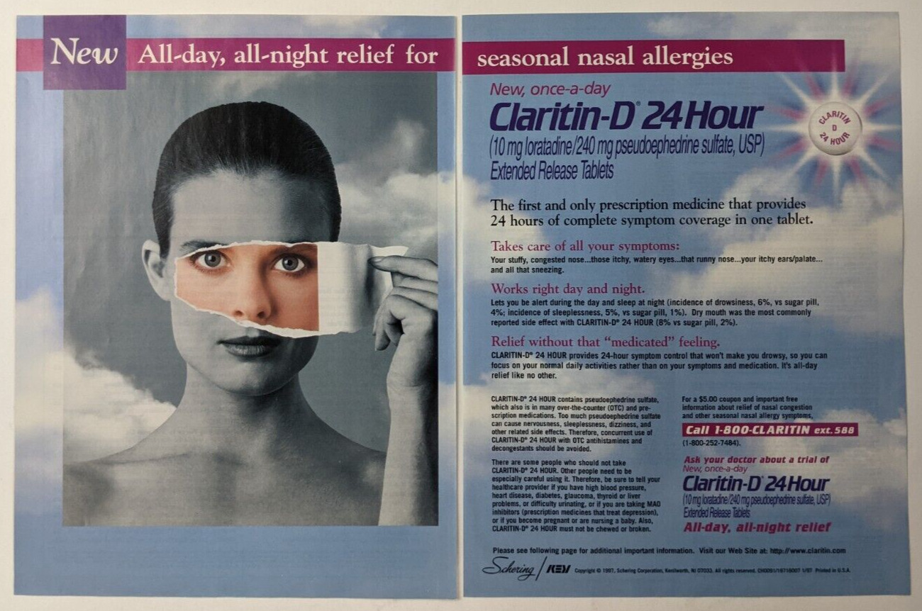 Claritin-D 24 Hour Print Ad Poster Art PROMO Original Allergy Advert 1996