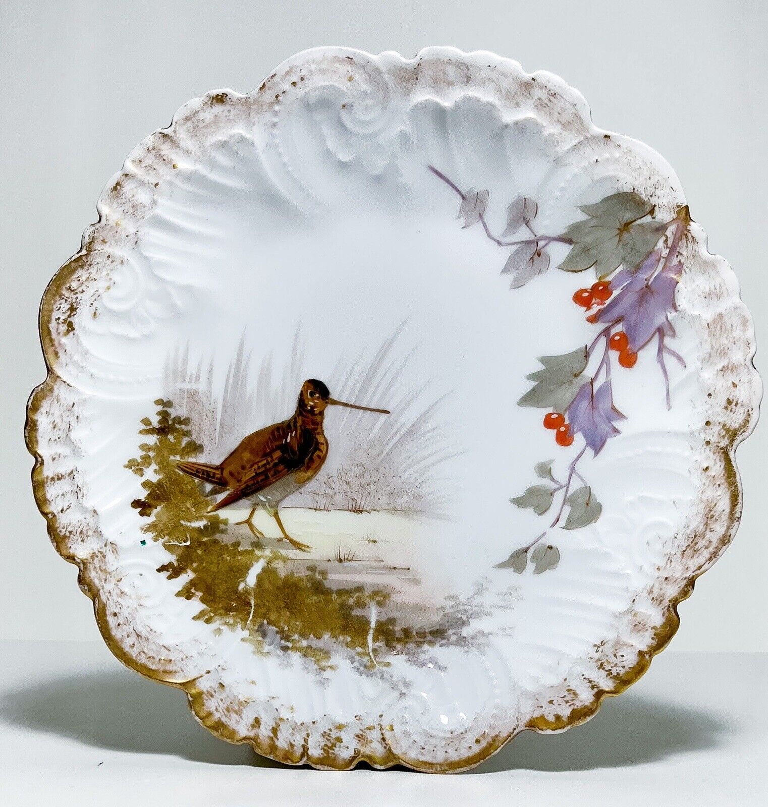 Antique Hand Painted LIMOGES FRANCE Bird & Floral Motif Cabinet Porcelain Plate