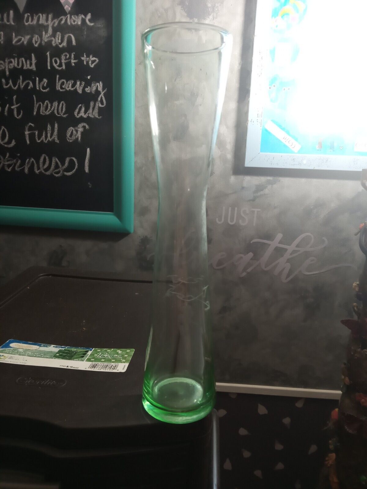Vintage Green Glass Bud Base With Etching Of Grapes