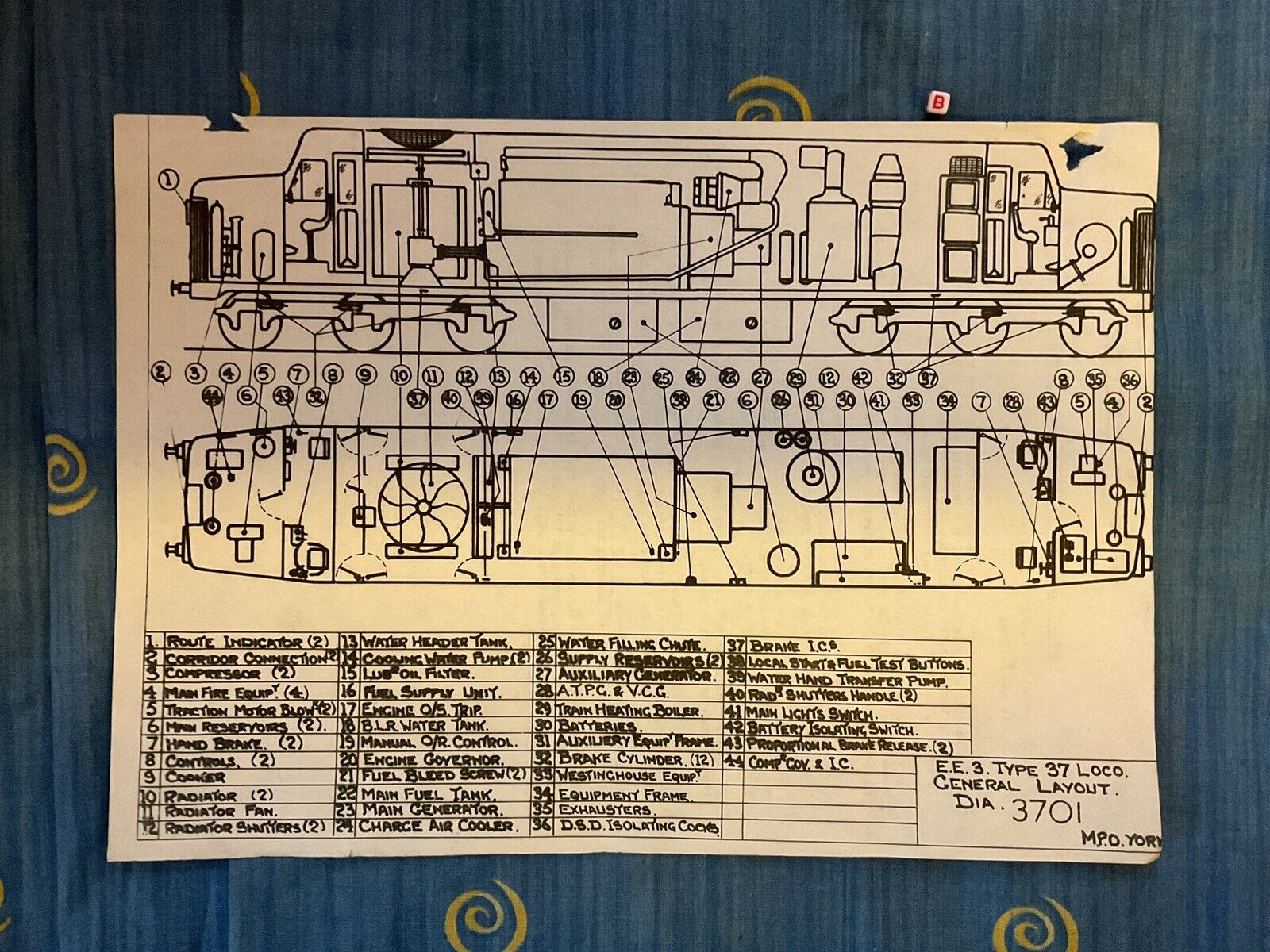 Vintage Train Railway Blueprint Schematic, E E LOCOMOTIVE, YORK