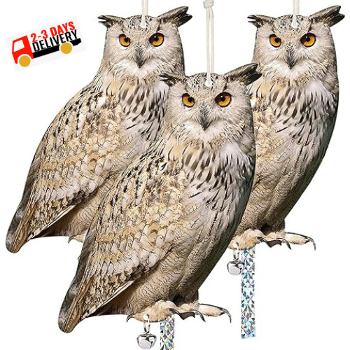 Owl to Keep Birds Away, 3 Pack Bird Scare Owl Fake Owl, Reflective Hanging Bird