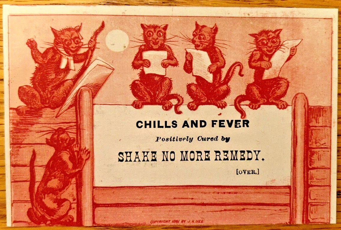 Antique Victorian Trade Card Quack Medicine Anthropomorphic Cats Chills Fever
