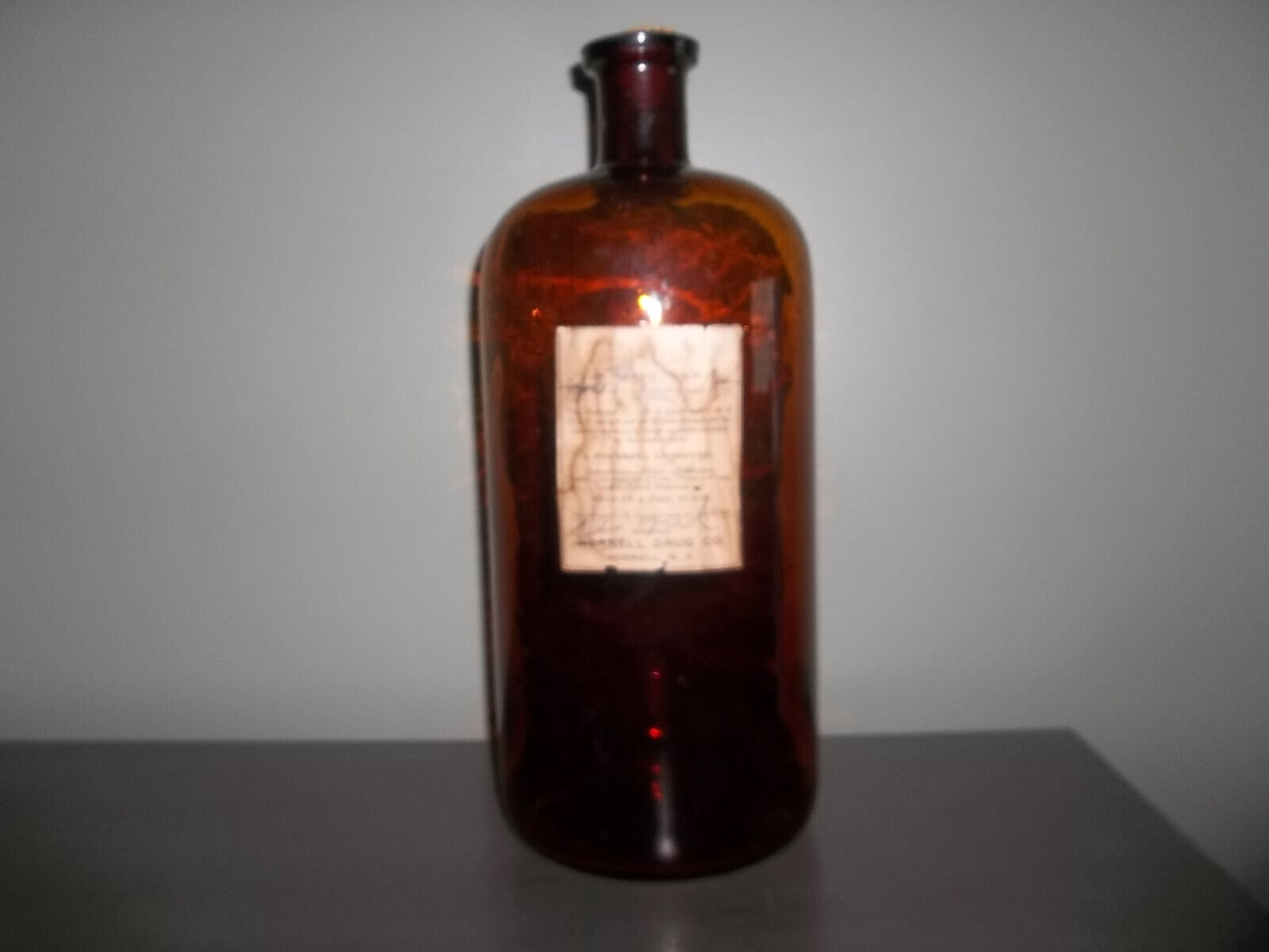 vintage large amber hydrogen peroxide bottle cork hornell ny drug co.