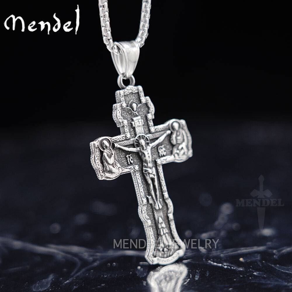 MENDEL Mens Russian Orthodox Crucifix Cross Pendant Necklace Stainless Steel Men