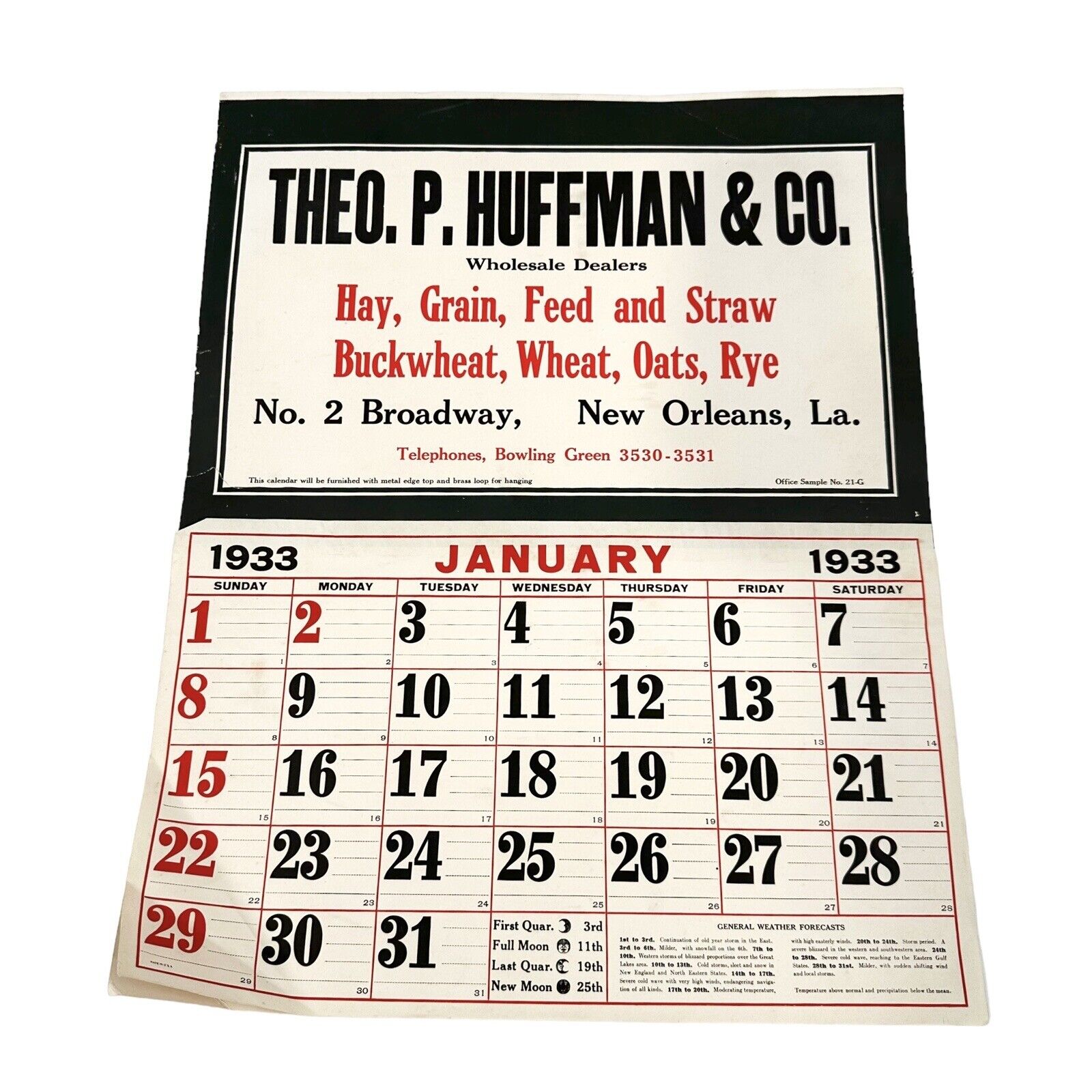 Vintage 1933 Theo P Huffman & Co Hay Grain New Orleans Company Calendar Sample