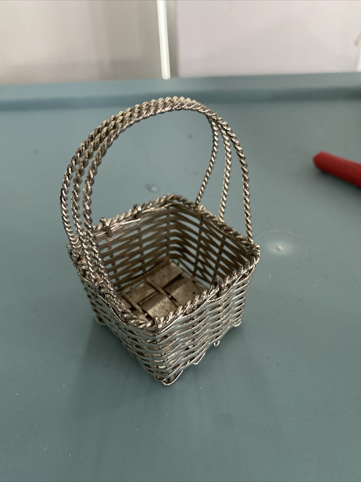 Vintage Silver Metal Miniature Basket Woven Wire Handle Gift Basket 2.25”Square