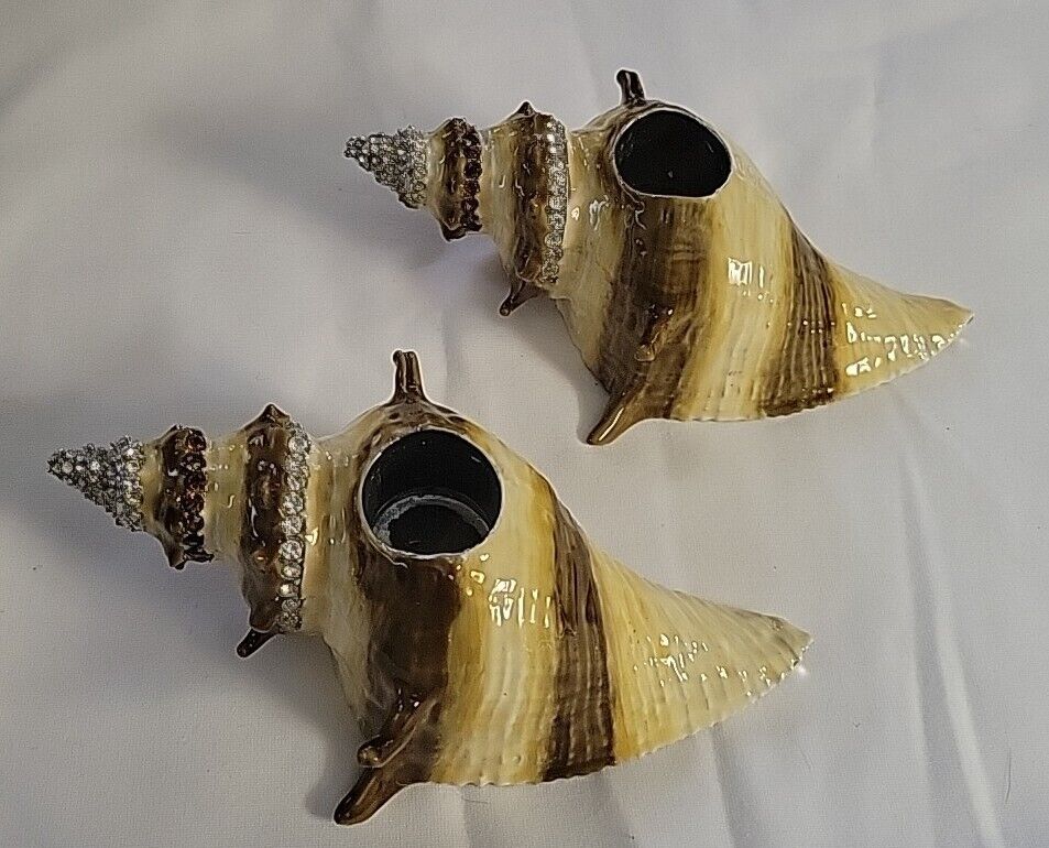 Pair Of Olivia Riegel Heavy Enamel Crystal Metal Candle Holders Conch  Seashells