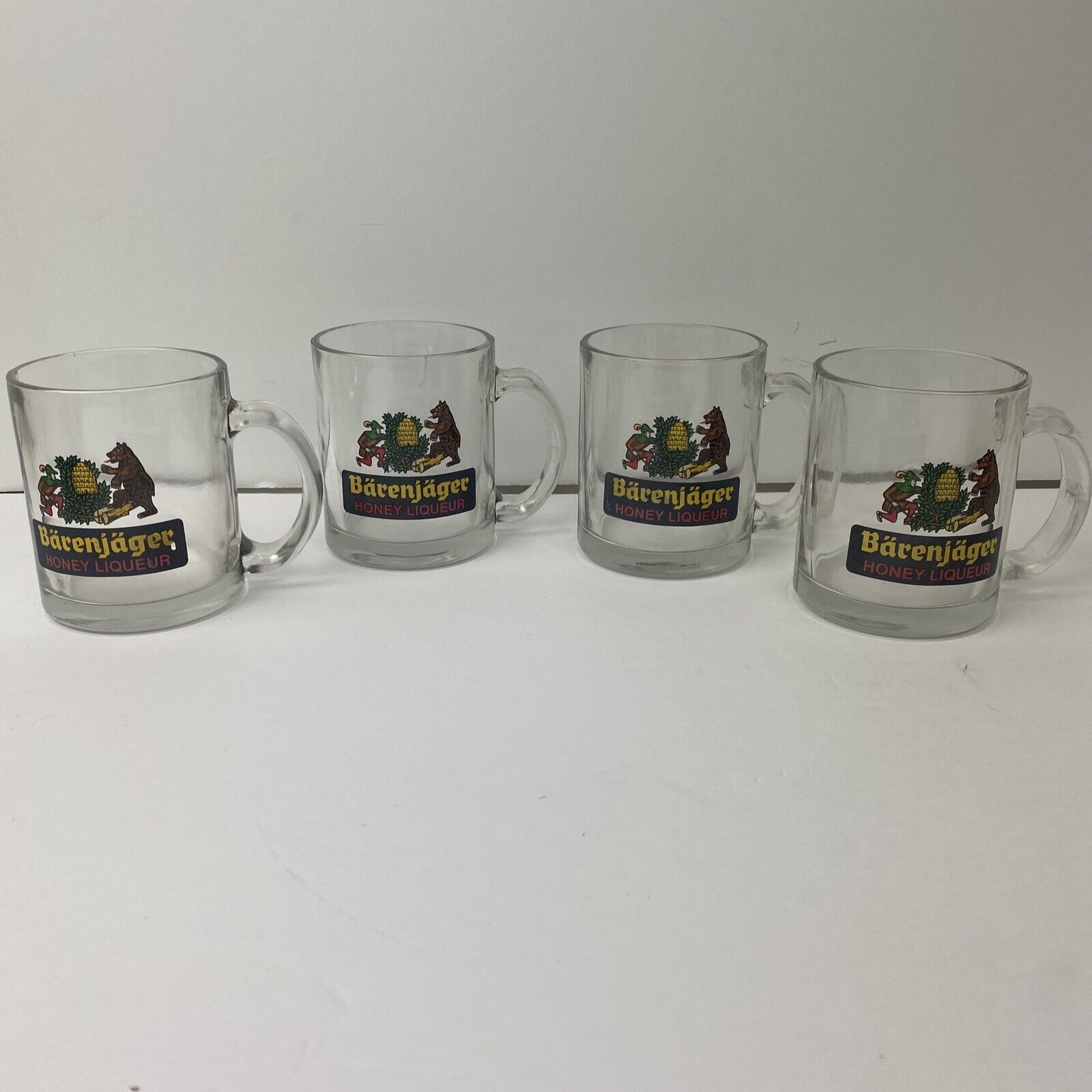 BARENJAGER HONEY LIQUEUR Glass Mug German Beverage Cup BEAR BEE Vintage LOT OF 4
