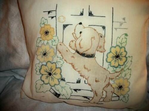 VINTAGE TINTED EMBROIDERY PILLOW PUPPY AT DOOR 1930s COTTON TICKING INSERT SWEET