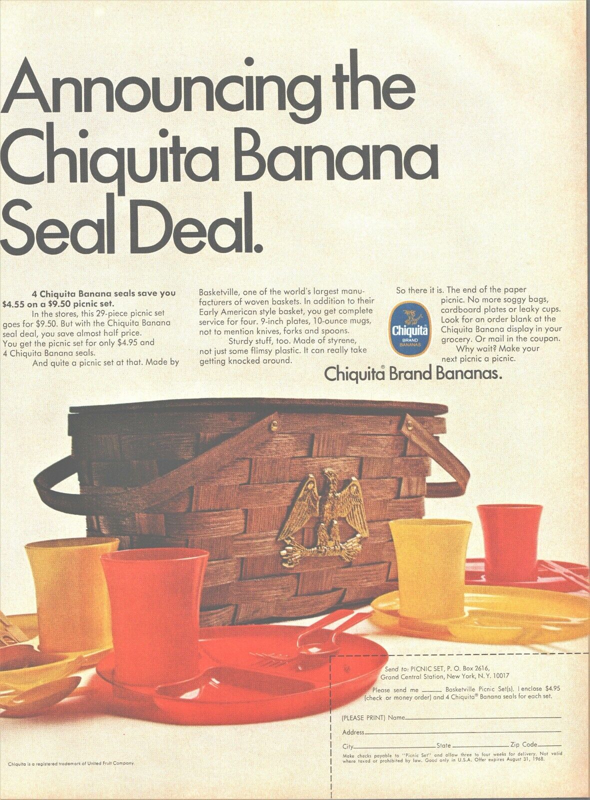 1968 Chiquita Banana Vintage Print Ad Seal Deal Picnic Basket Set 