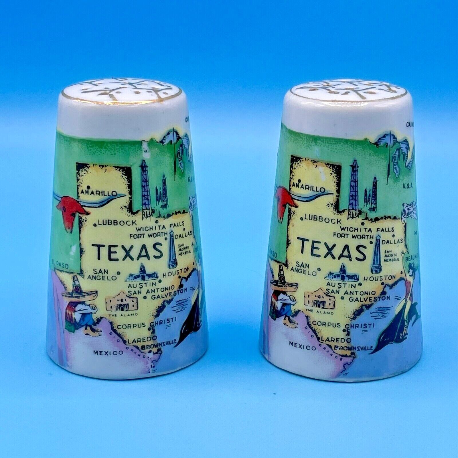 Vintage Ceramic Texas State Souvenir Salt and Pepper Shaker Set - Thrifco