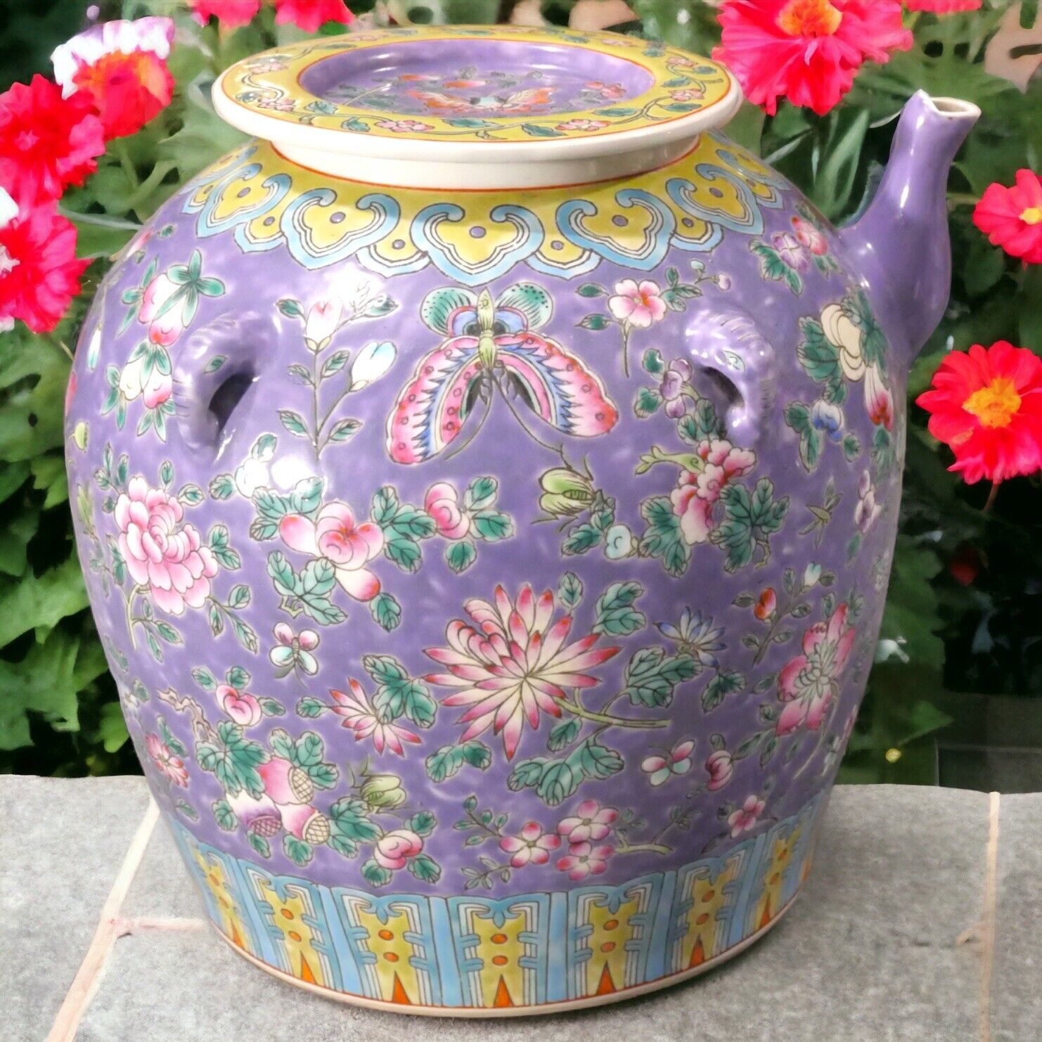 Vintage Circa 1970 Chinese Famille Rose Purple-Ground Porcelain Water Pot