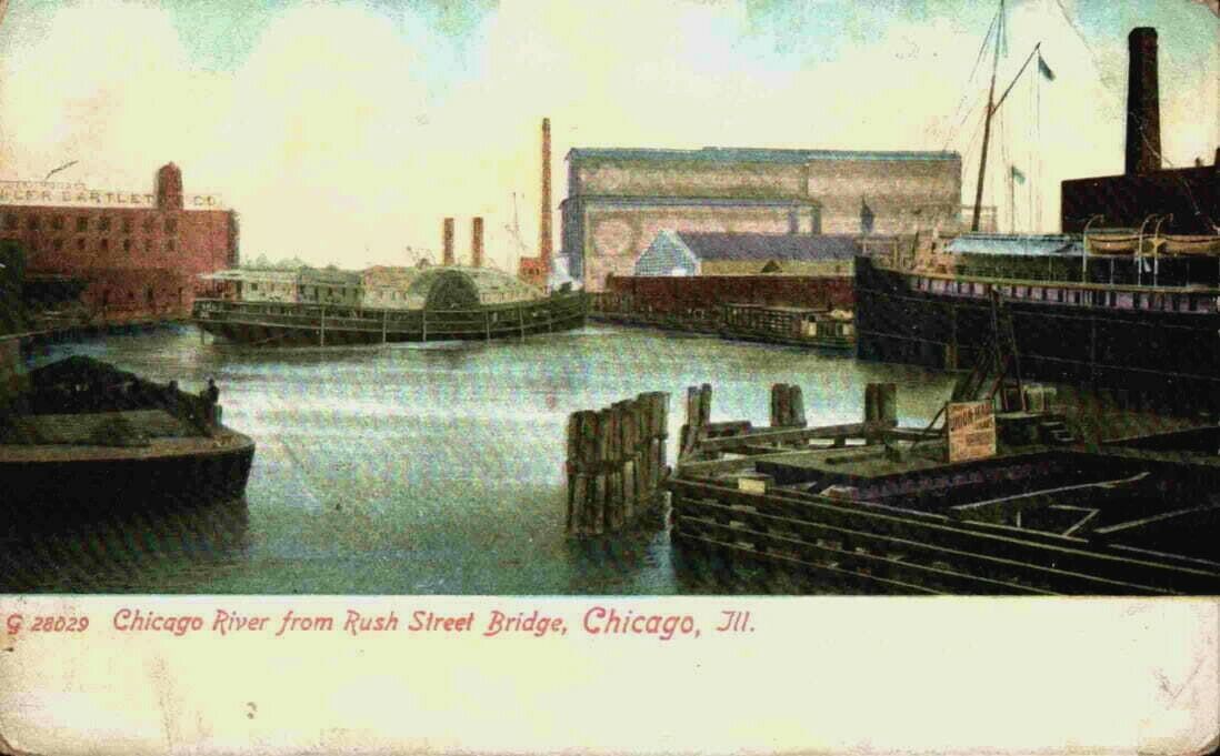 Chicago River From Rush Street Bridge Ships Steamer Boats IL Postcard 1900's