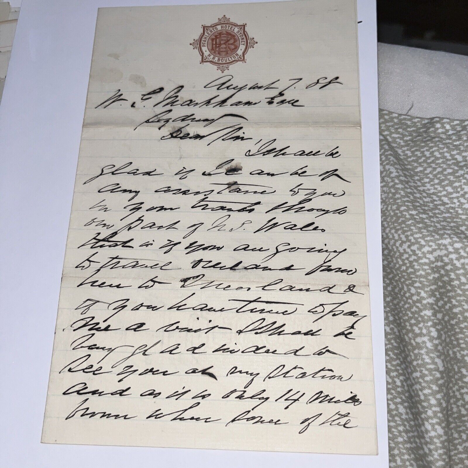 Antique 1888 Letter: Pfahlert’s Hotel Letterhead Sydney NSW Australia Sheep Biz