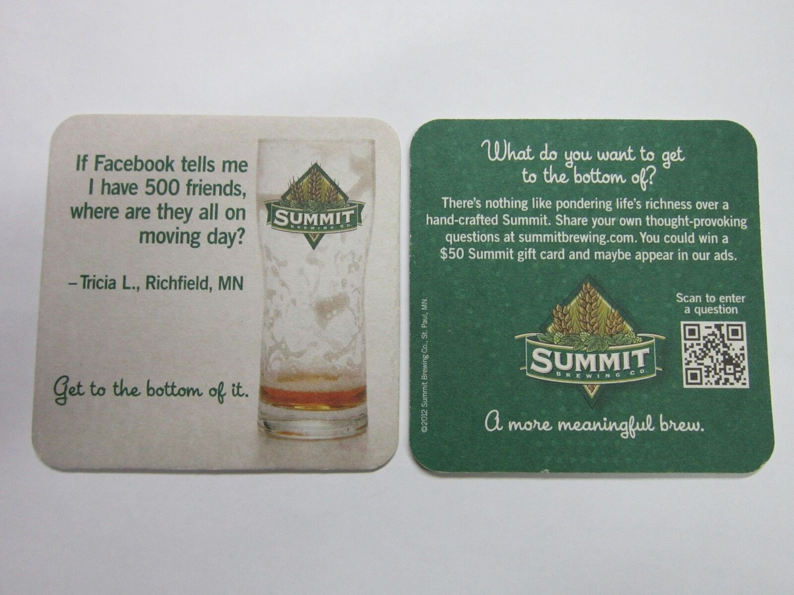 Beer Coaster: SUMMIT Brewing Co ~ Where\'s My 500 Facebook Friends on Moving Day?