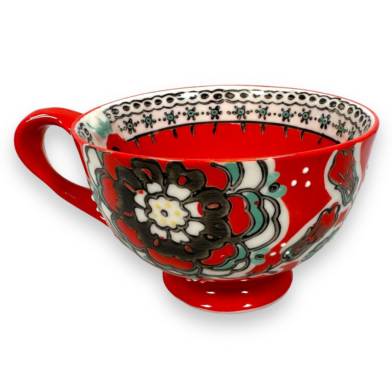 Anthropologie Elka Ayaka Red Floral Mug Cup Twist Handle Slipware Footed Coffee