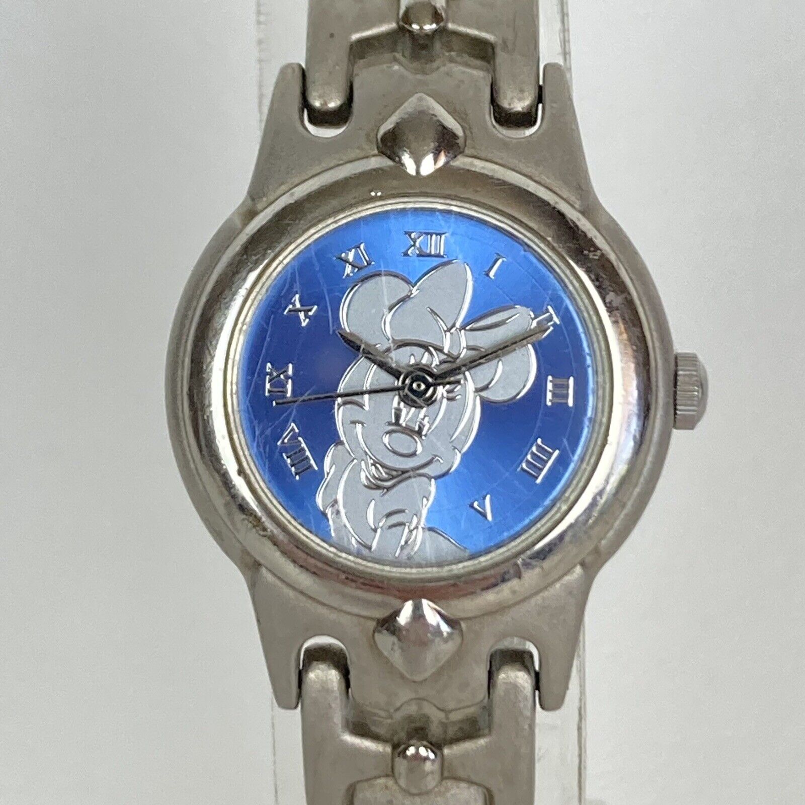 Disney Minnie Mouse Watch Women Silver Tone Blue Dial 23mm New Battery 8\