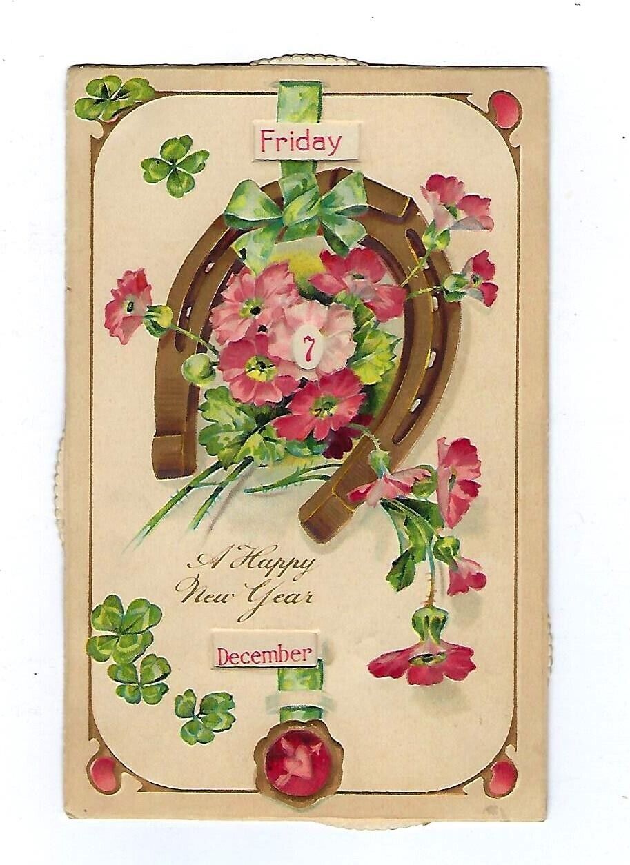 Early 1900\'s PFB New Year Postcard Cherub Mechanical Calendar Horseshoe Embossed
