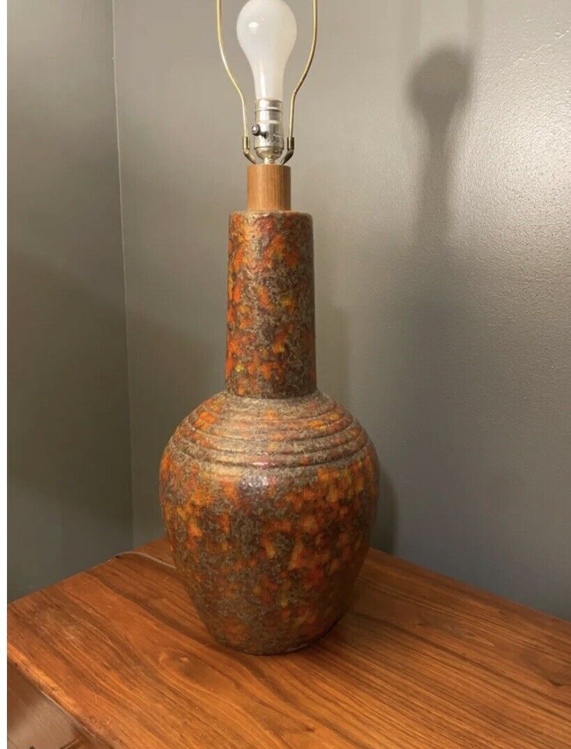 Large Vintage Mid Century Modern Orange Brown Drip Ceramic Table Lamp