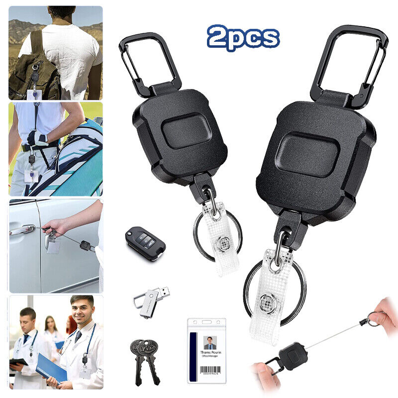 2PCS Retractable Key Chain Recoil Tool Anti Lost Clip Belt Wire Rope Heavy Duty
