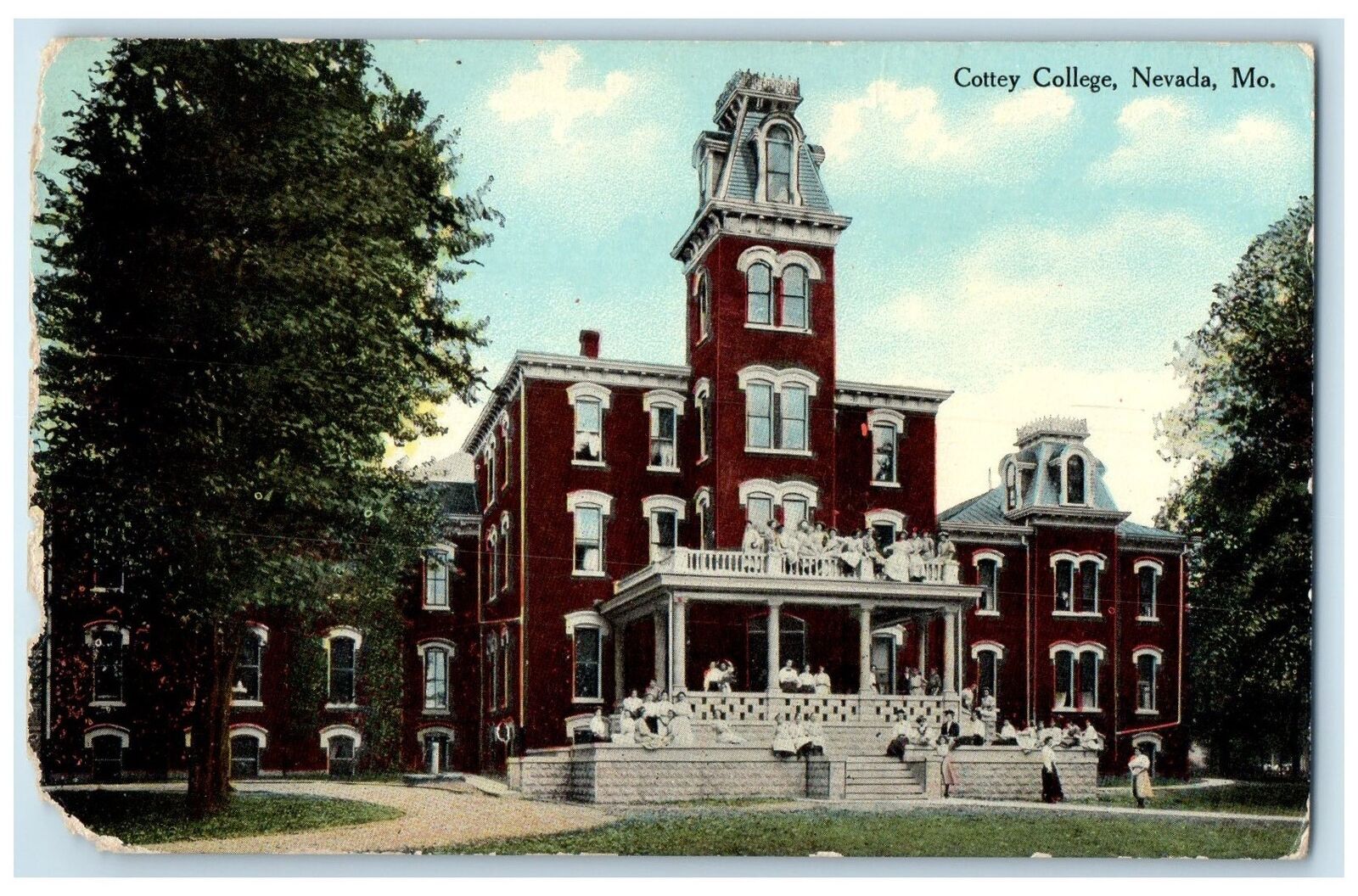 c1910 Cottey College Campus Building Tower Students On Porch Nevada MO Postcard