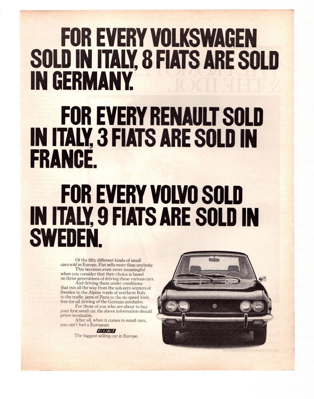 Vintage Print Ad 1971 Fiat Sales vs Volkswagen, Renault, Volvo Theme