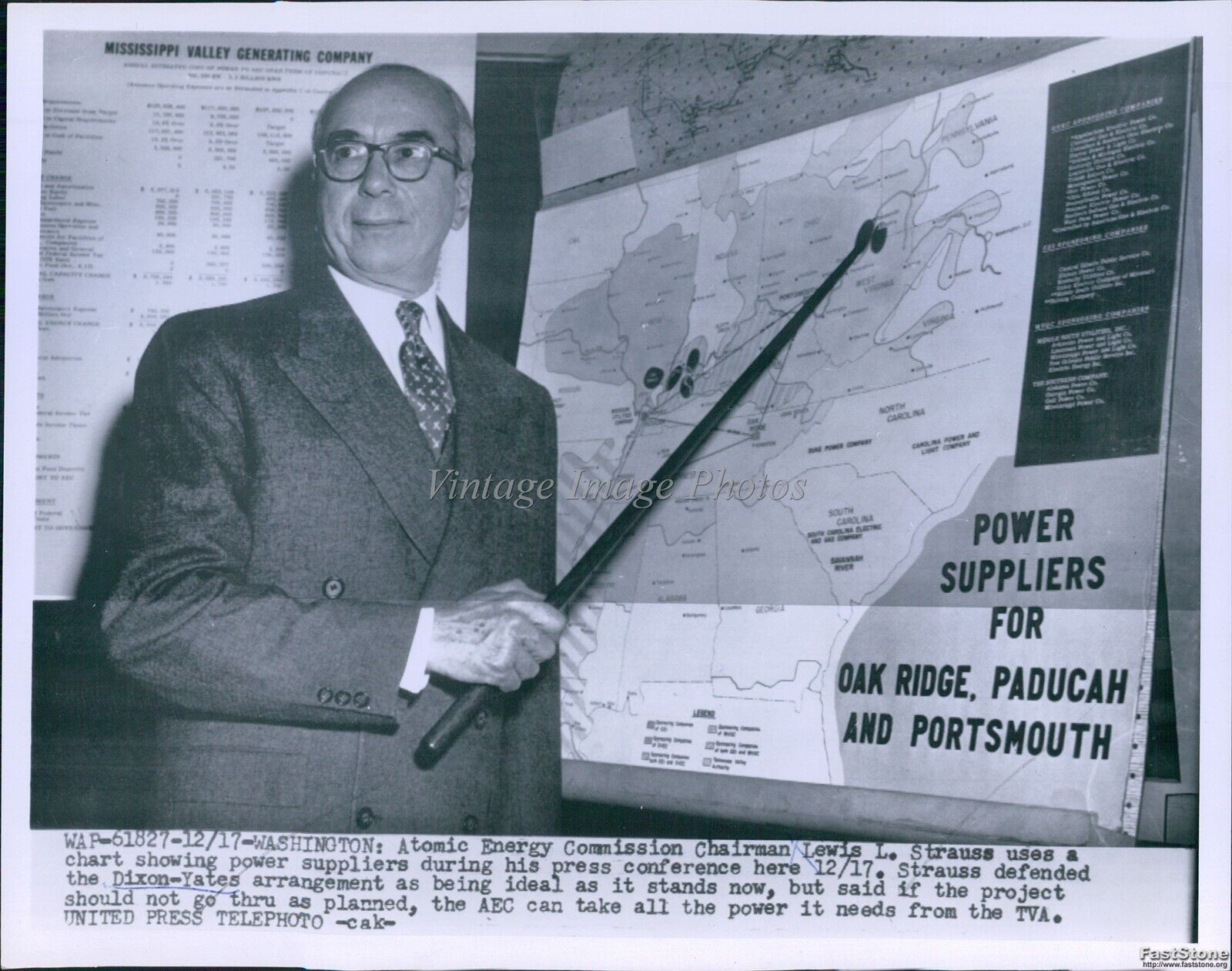 1955 Lewis Strauss A.E.C Chair Defends Dixon-Yates Plant Politics Wirephoto 7X9