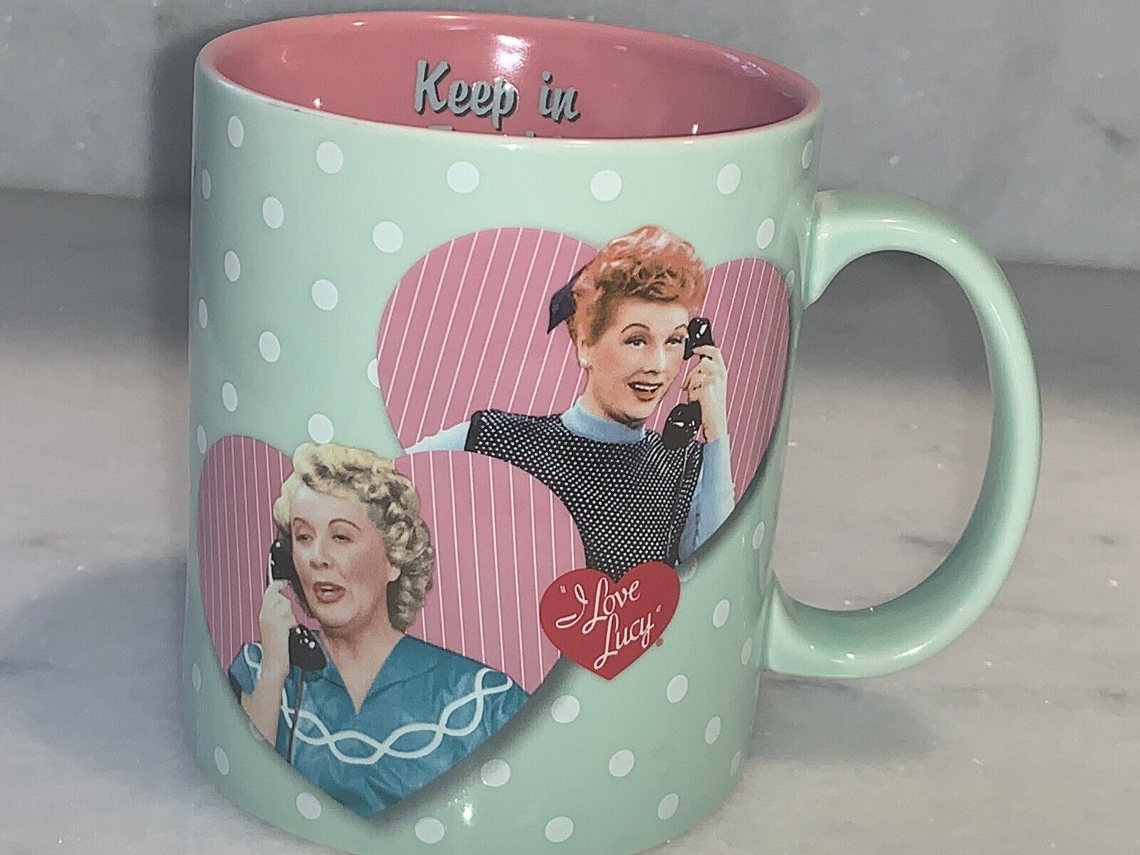 I LOVE LUCY COFFEE MUG CUP FRIENDS STAY CONNECTED LUCY AND EITHEL 2 SIDE