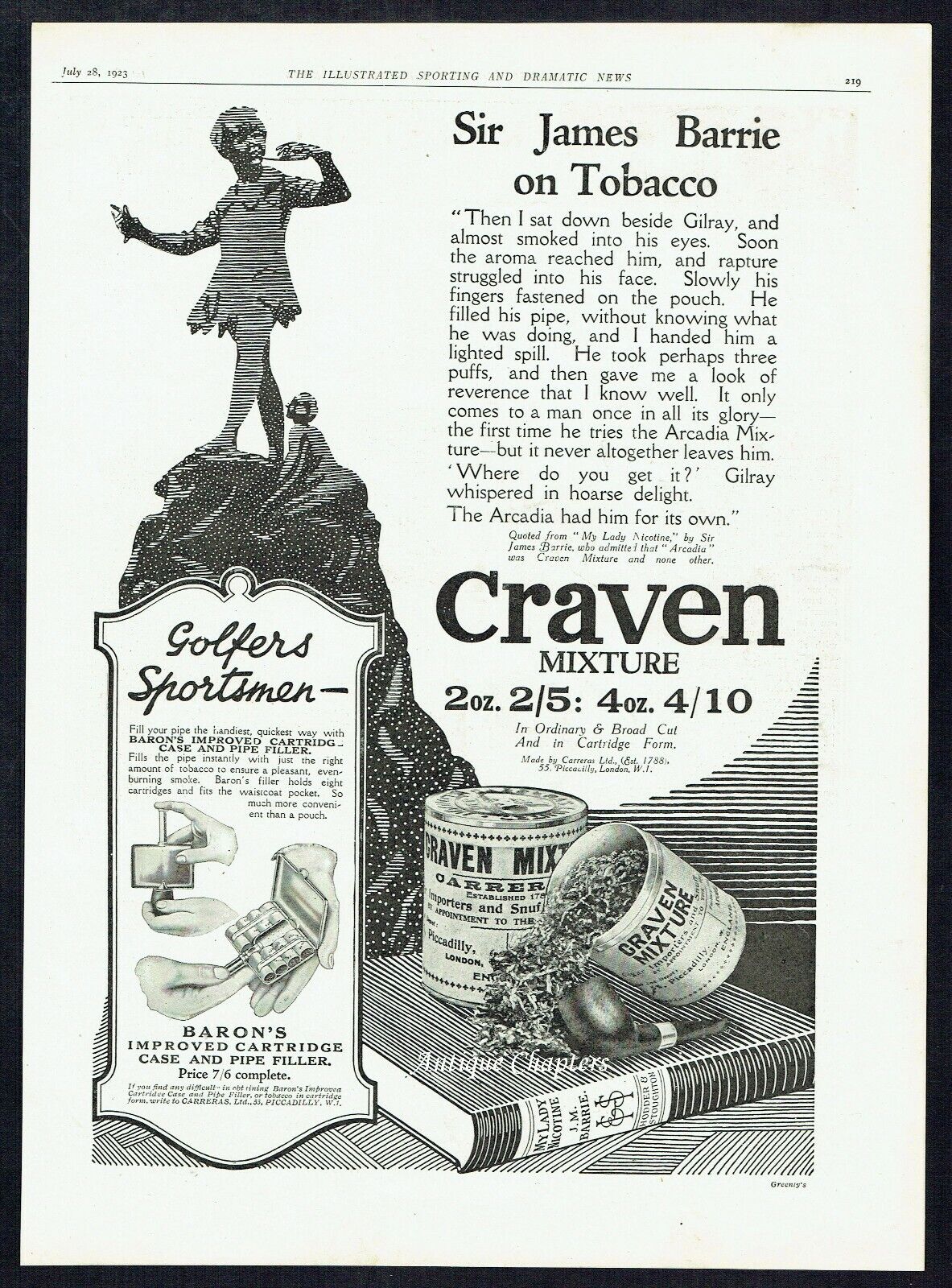 Sir James Barrie My Lady Nicotine Craven Mixture Pipe Tobacco 1923 Advert L410