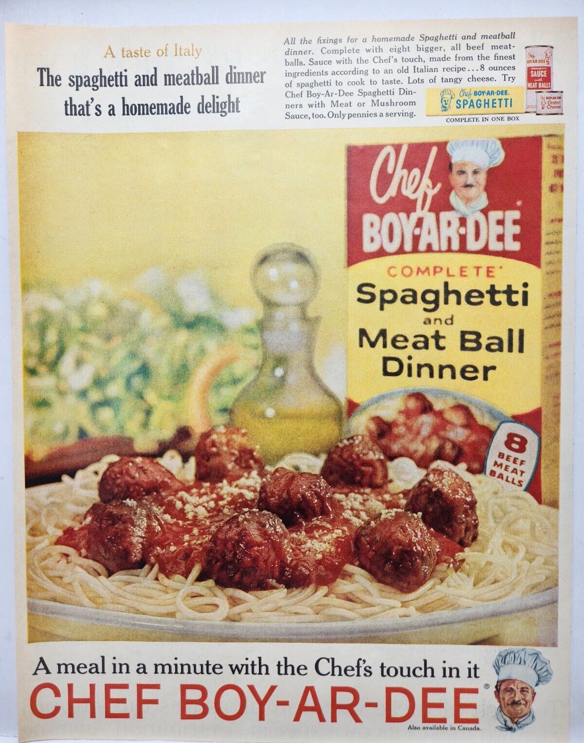 1961 Chef Boy-Ar-Dee Spaghetti Vintage Print Ad Poster Man Cave Art Deco 60\'s