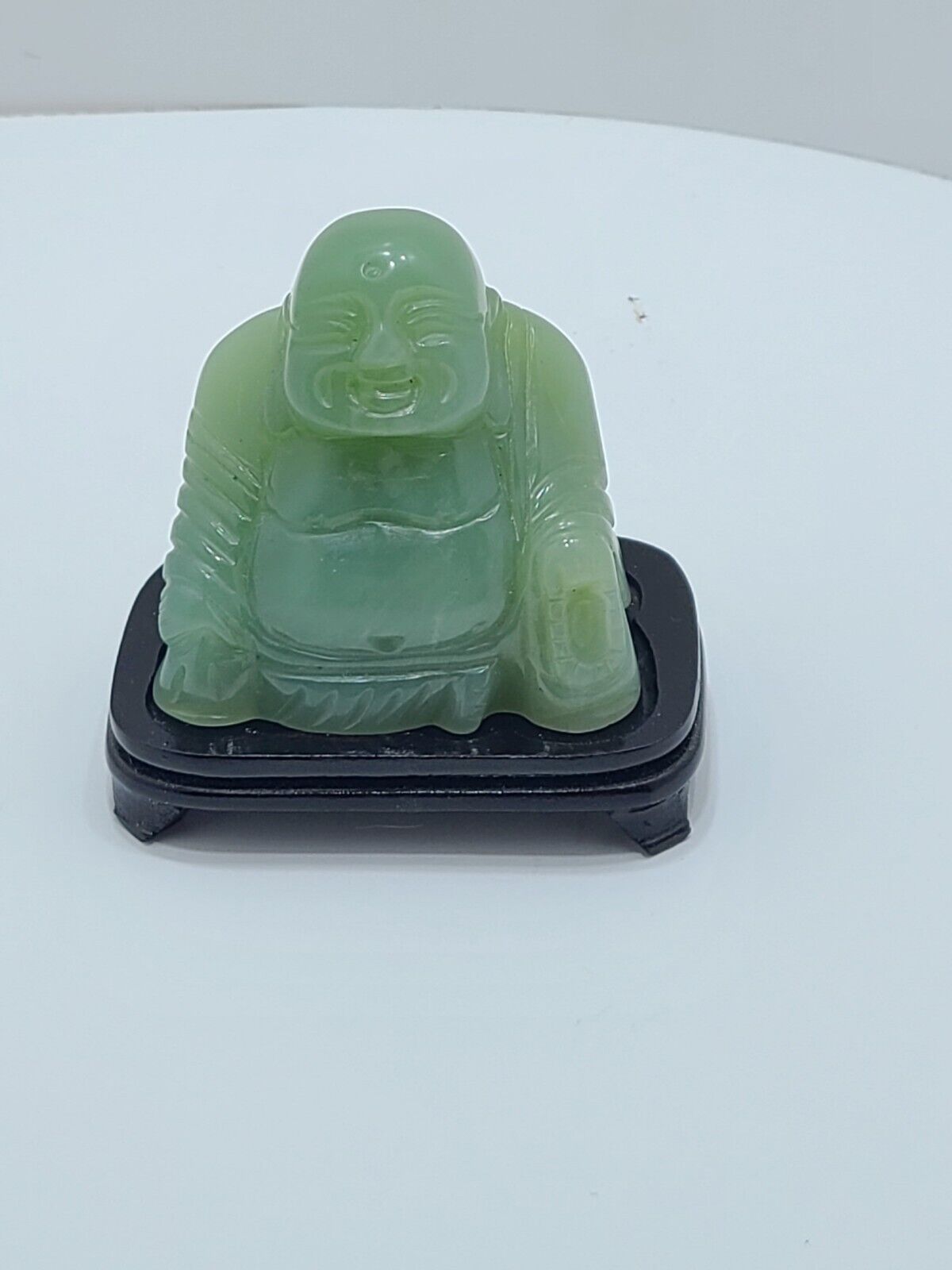 VINTAGE Green Jadeite Jade Happy Smiling Buddha Seated Statue Wood Platform Zen