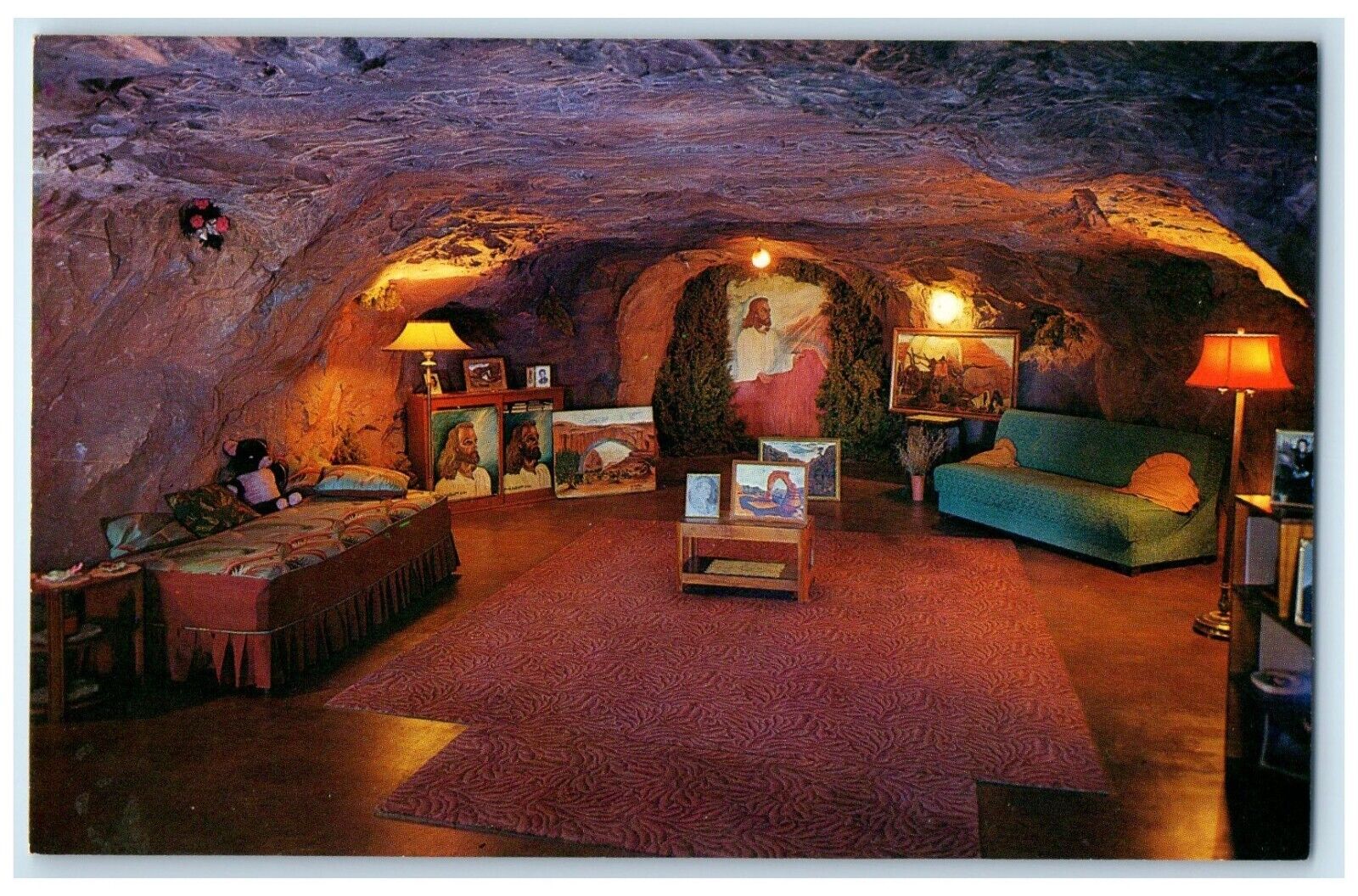 c1960 Living Room Sermon on the Mount Painting Hole N Rock Home Moab UT Postcard