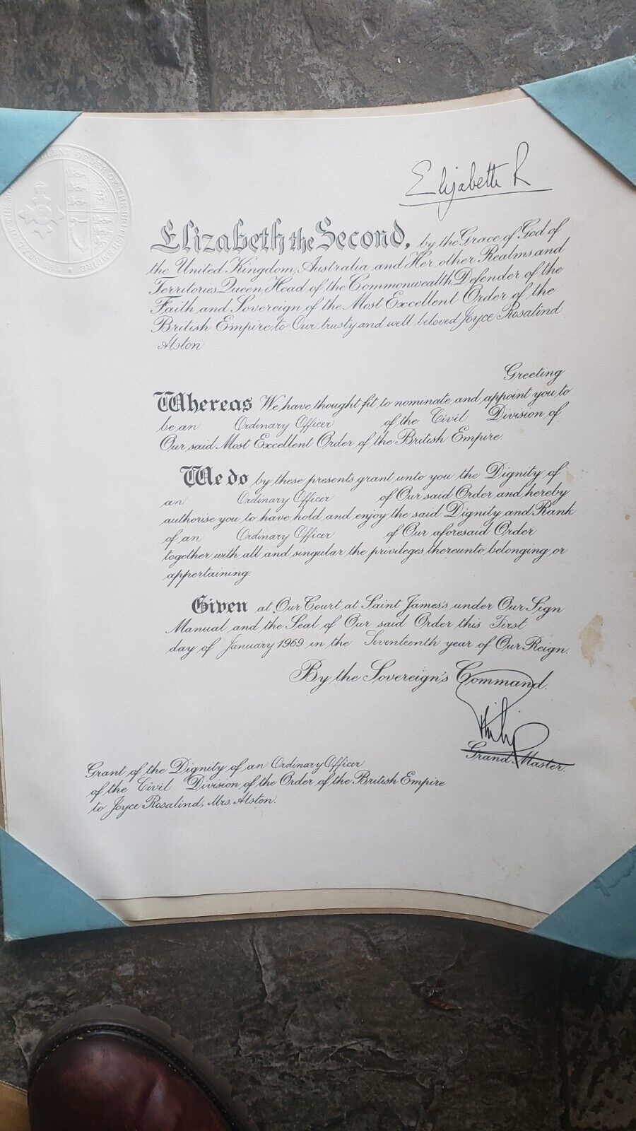 Genuine Royal OBE Order British Empire Certificate signed HRH Queen Eliz, Philip