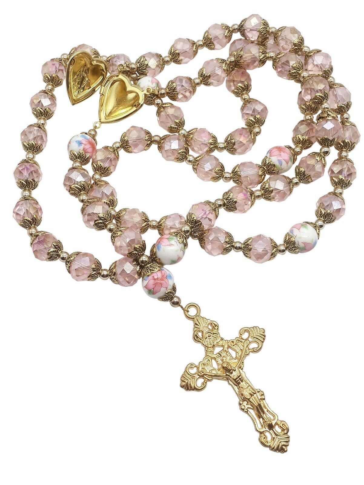 Pink Crystallized Beads Gold Rosary Catholic Holy Mary Locket Medal & Crucifix