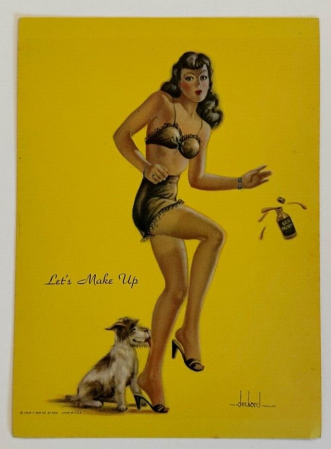Let's Make Up, Vintage 1950s Ruth Deckard Small Pin-Up Print, Brunette & Dog