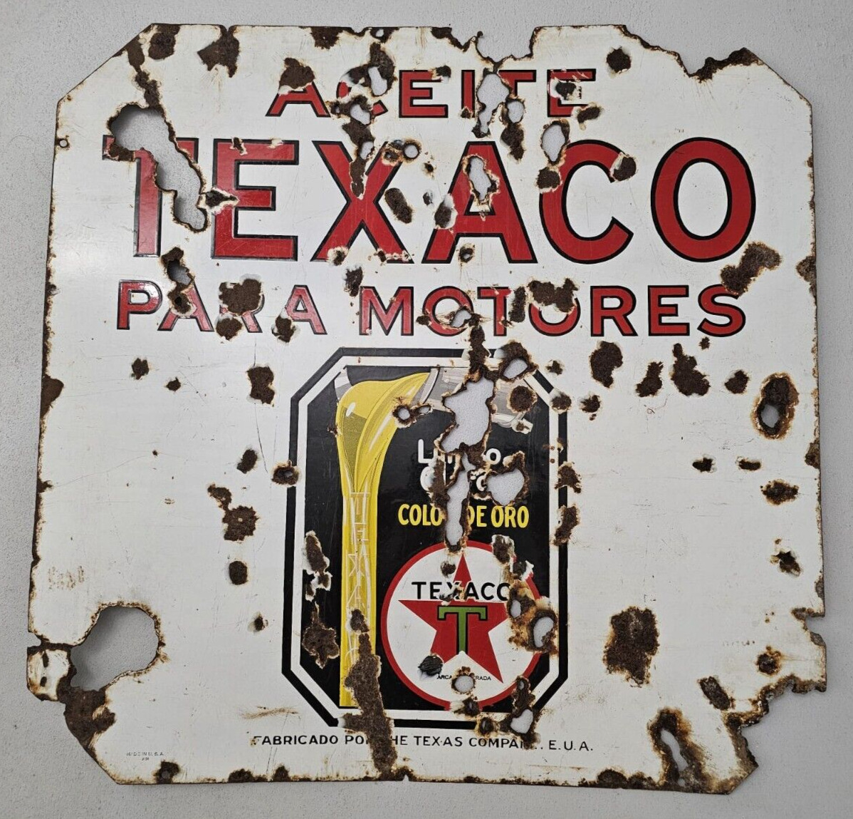 RARE ORIGINAL TEXACO MOTOR OIL 30X30 INCHES DOUBLE SIDED PORCELAIN SIGN SPANISH
