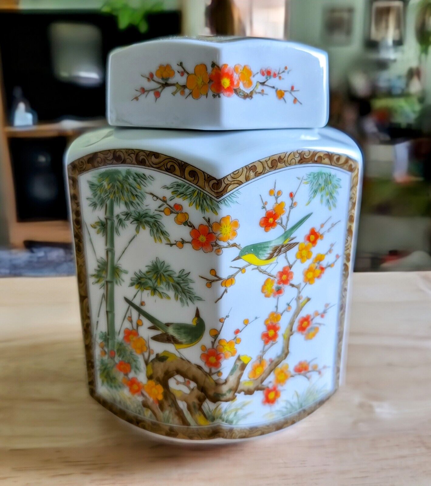 Vintage Hexagonal Tea Caddy Ginger Jar With Lid  With Birds Orange Floral And...