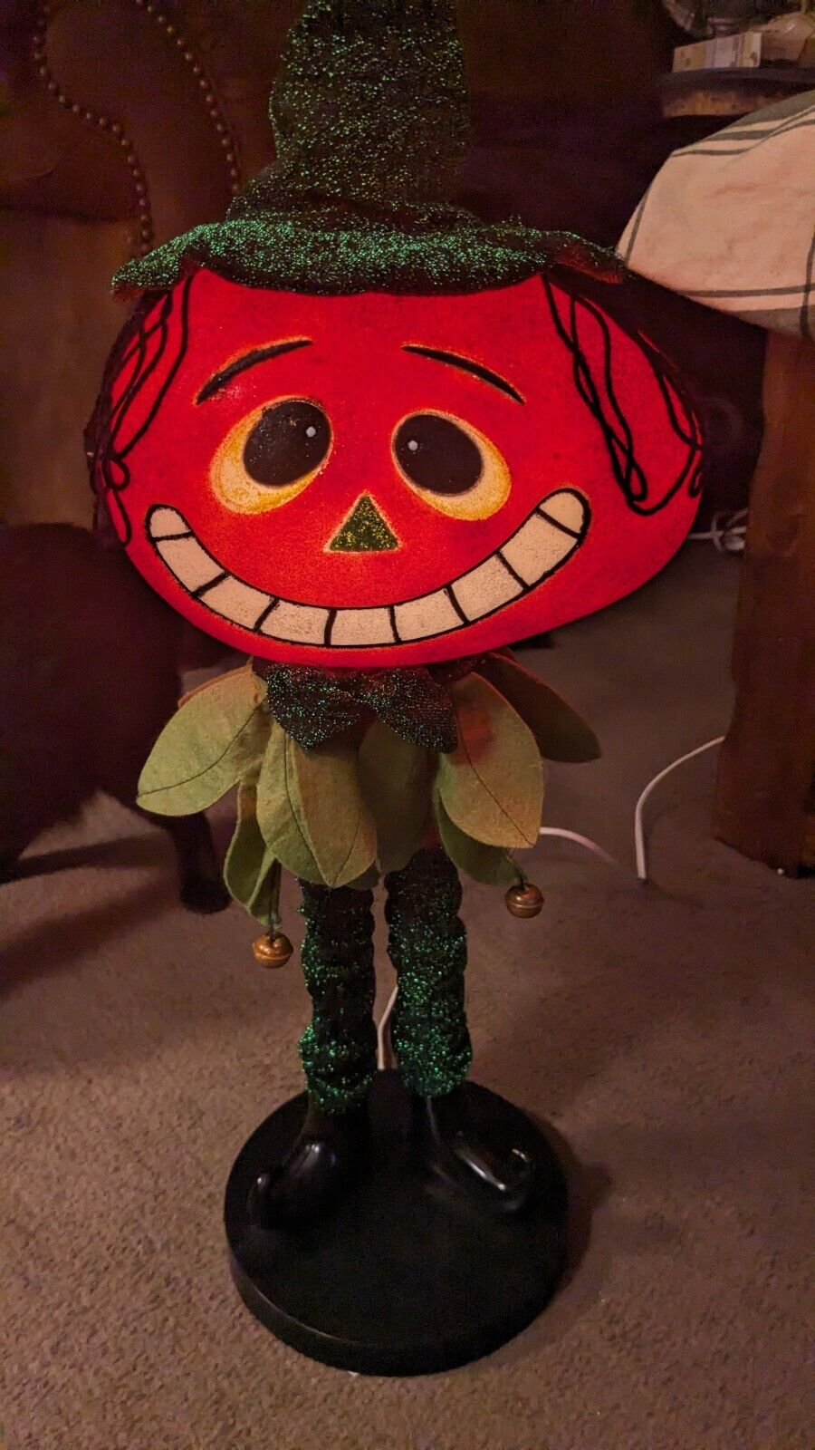 VTG Halloween Orange Smiling Pumpkin Head Elf Electric Pedestal Table Lamp 23\