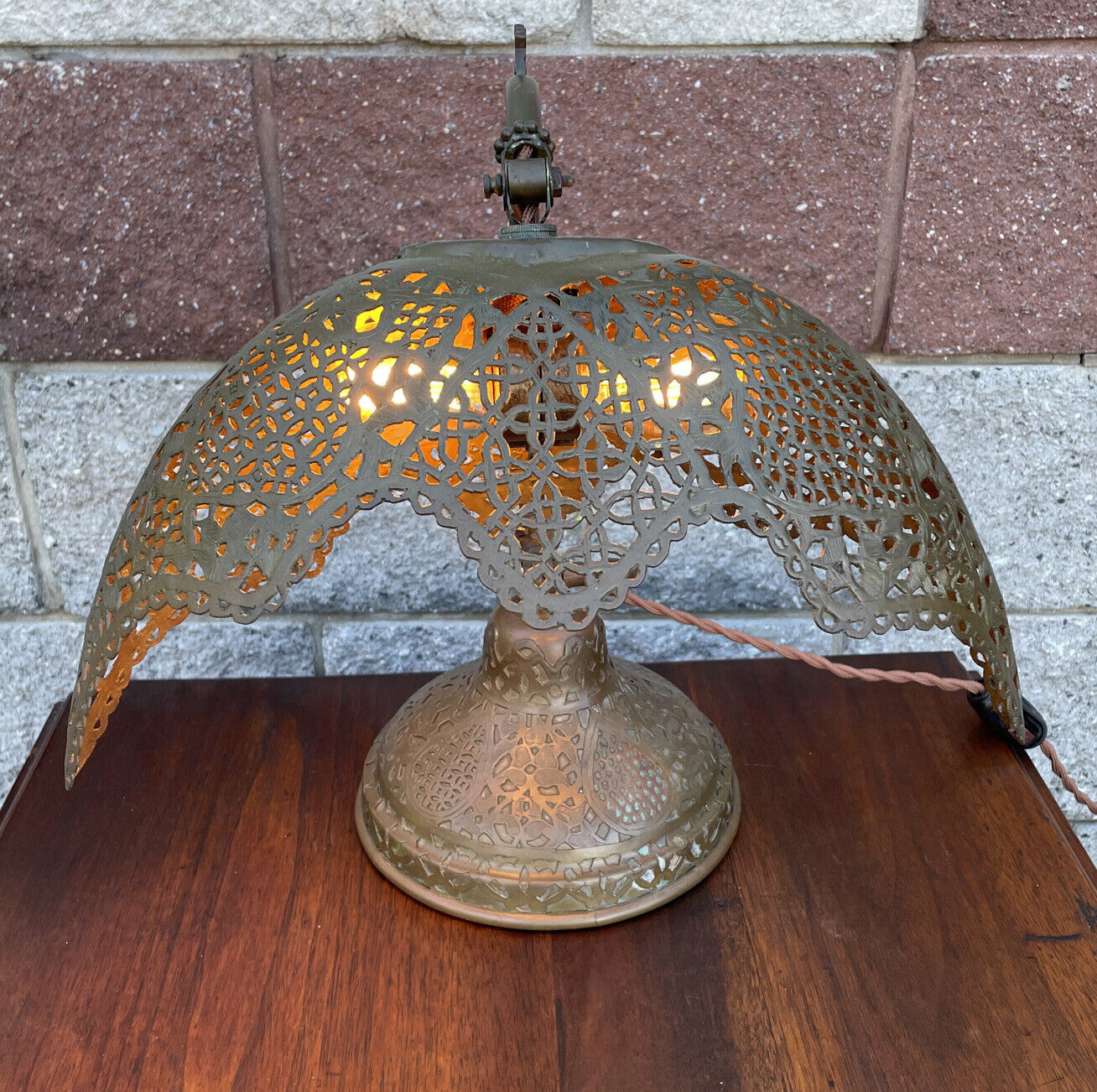 Rare & Unusual Antique Moorish Brass Syrian Adjustable Desk Lamp 15” X 14” X 15”