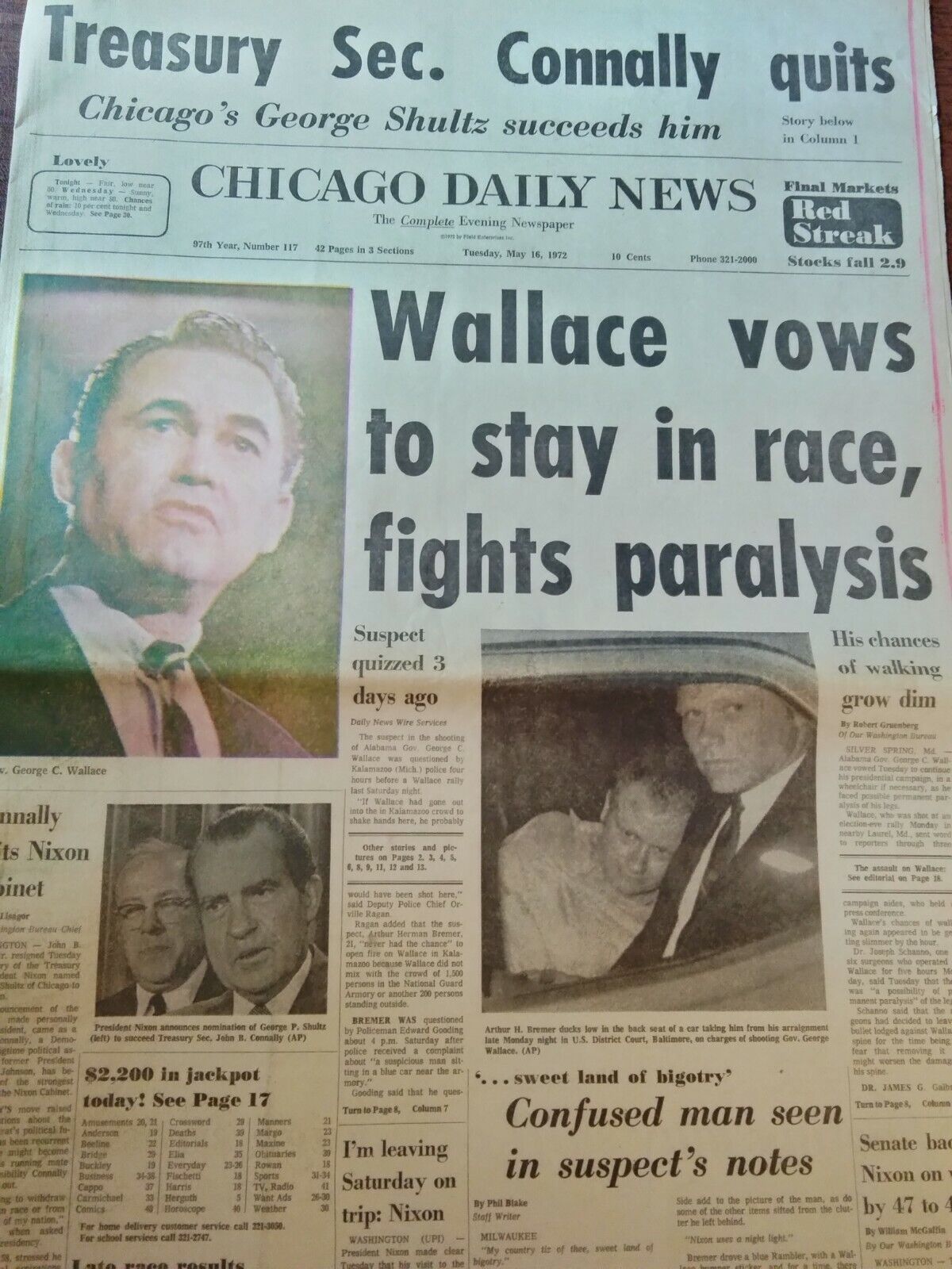 Newspapers- GEORGE WALLACE VOWS TO STAY IN THE PRESIDENT RACE, FIGHTS PARALYSIS