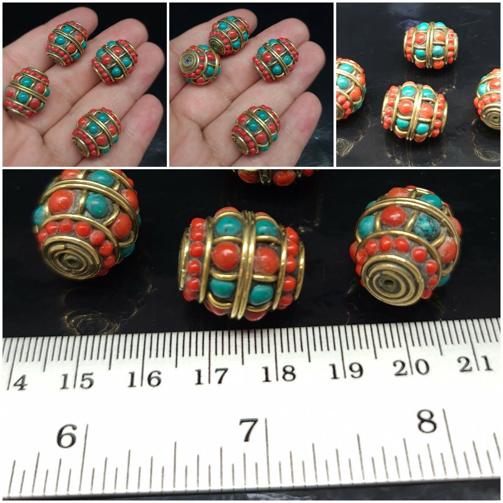 Tibetan Nepalese Artisan Handmade Brass Coral Turquoise 4 Stunning Masala beads 